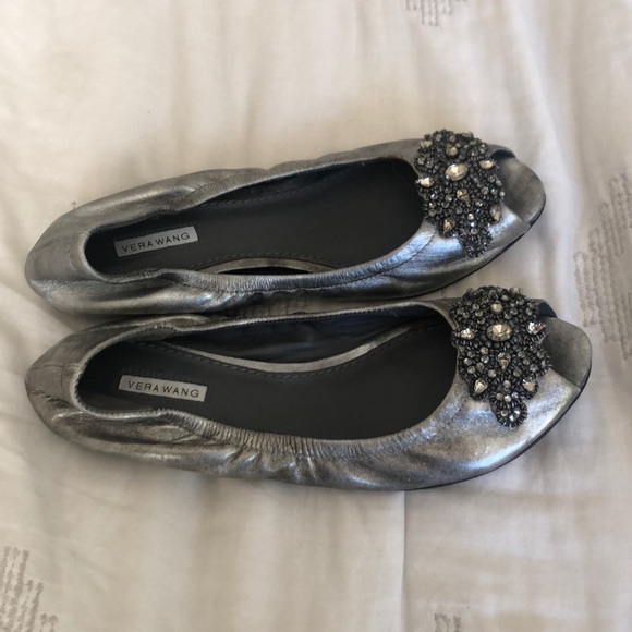 Vera Wang Shoes - Vera wang peep toe jeweled silver ballet flats 5.5